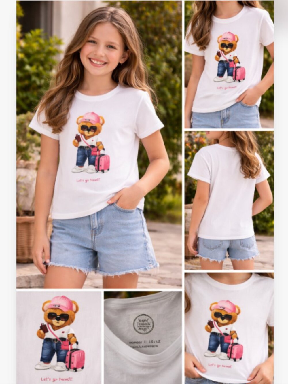 Girls White Graphic T-Shirt Teddy Bear Travel Print Cute Tee Size L 10-12